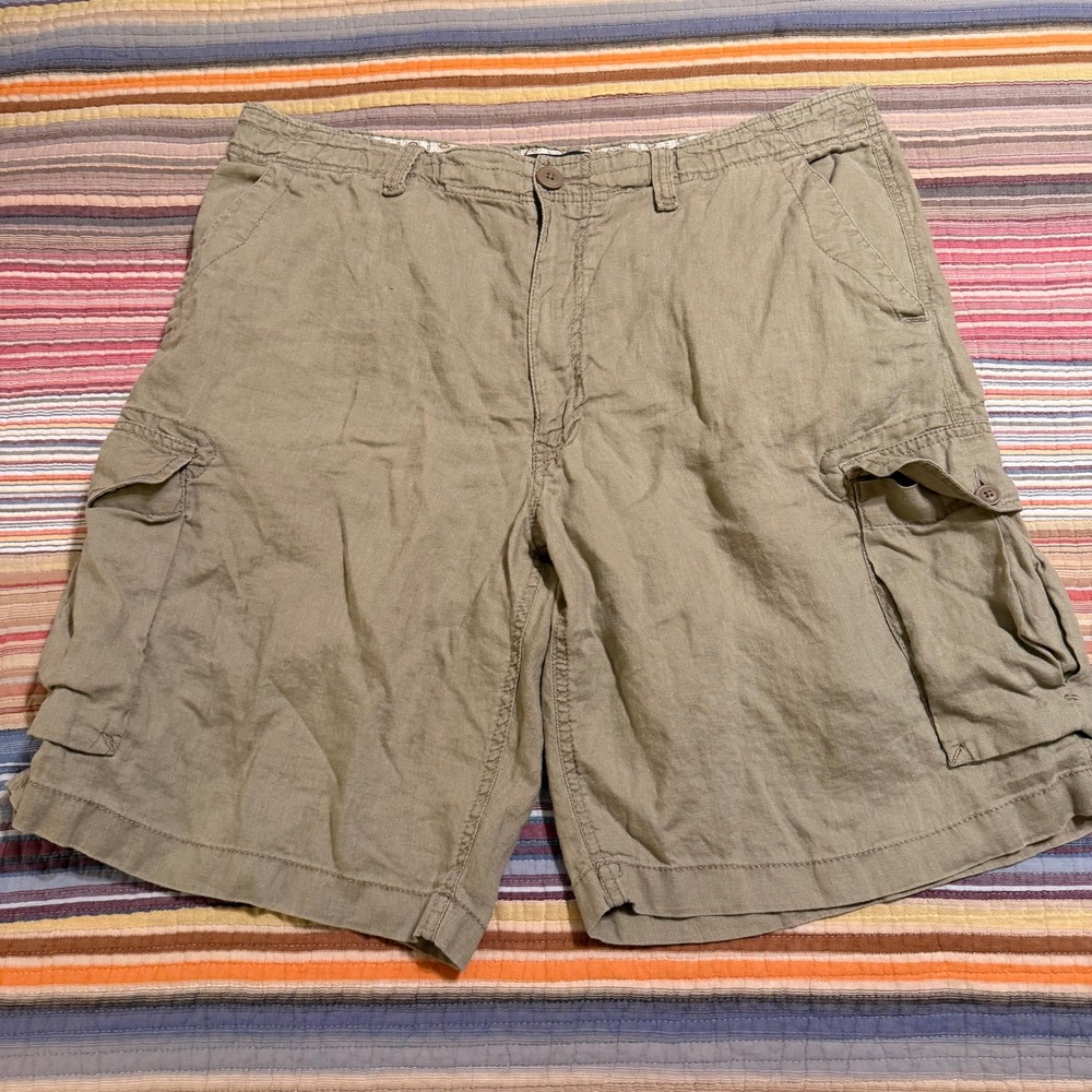 Aigle Mens 100% Linen Cargo Shorts Khaki Utility Size 38 Adjustable Waist